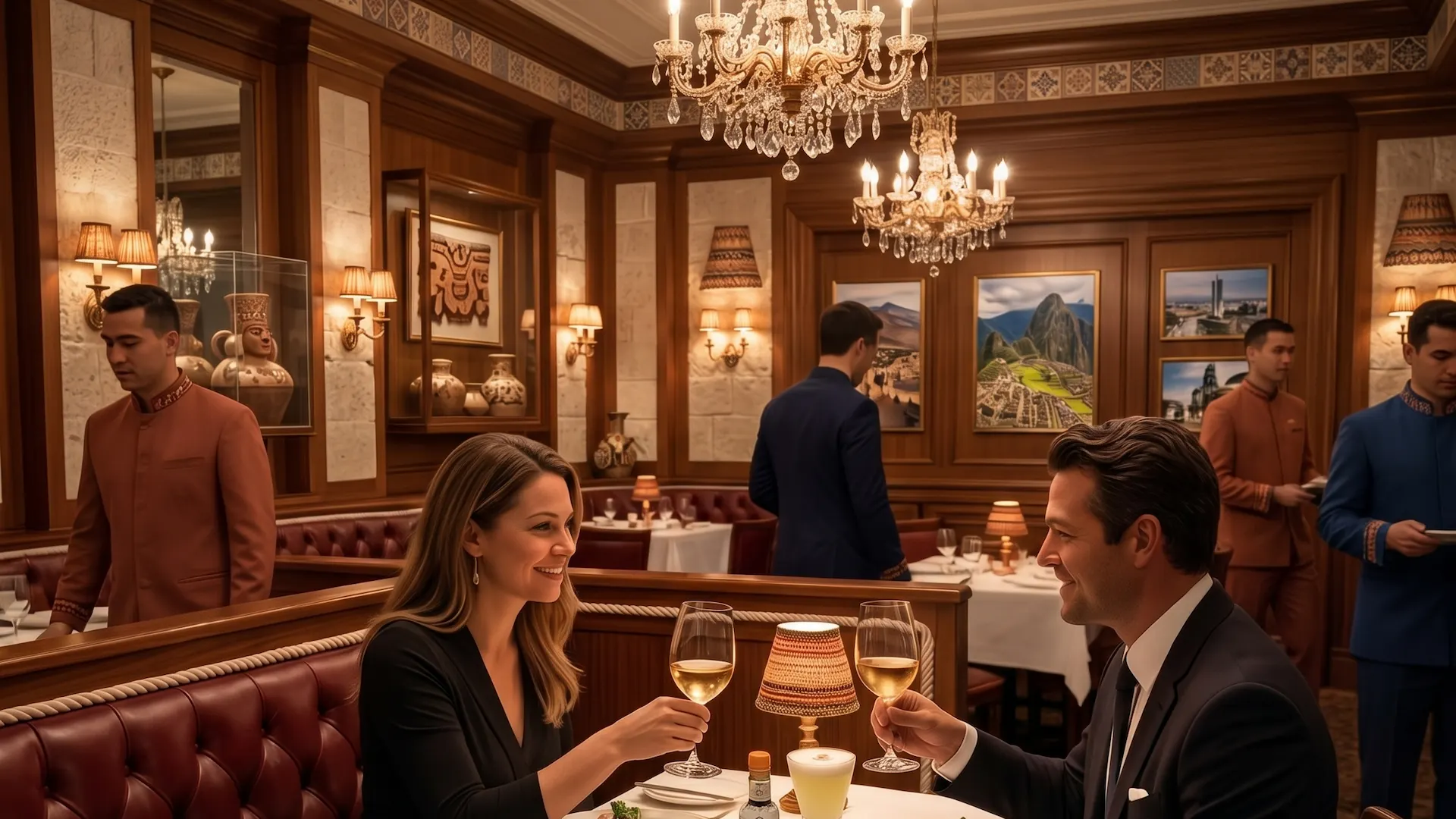 Pareja brindando en el comedor del restaurante, con lámparas de cristal y cuadros del Perú